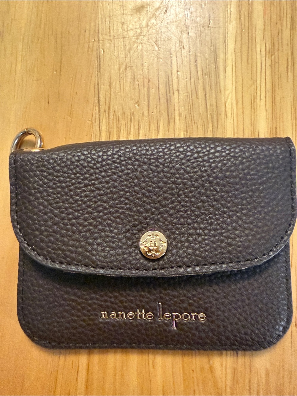 Nanette Lepore Black Pebbled Leather Mini Wallet with Gold Accents